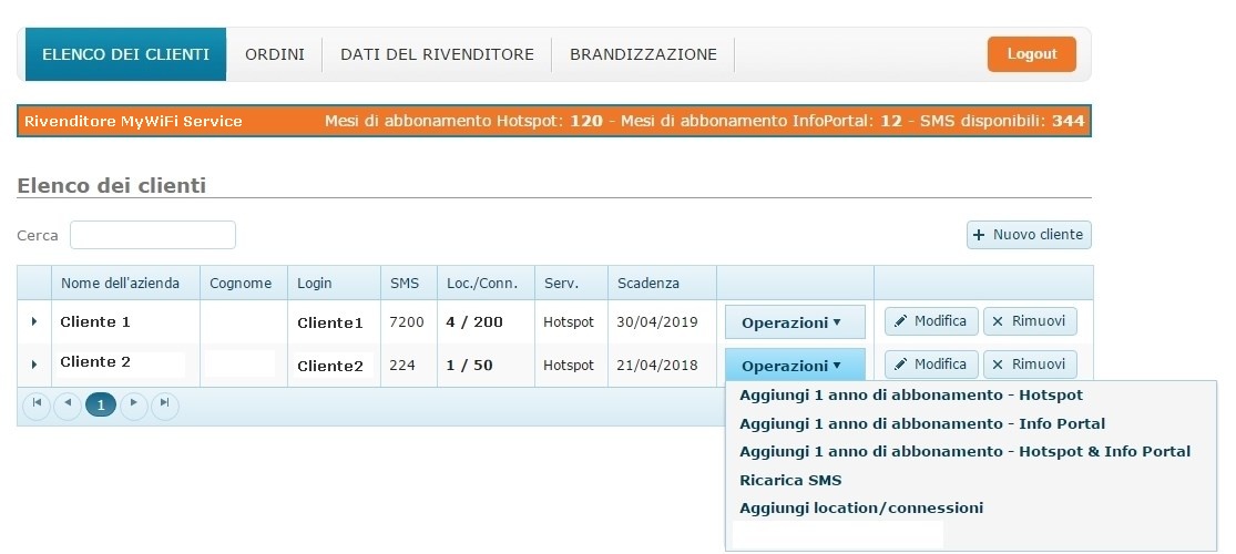 Pannello di controllo rivenditori di My Wi-Fi service